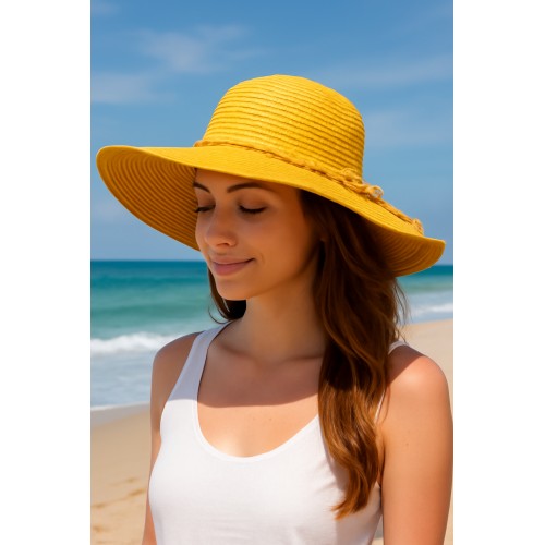 Wide Brim Hat - Straw Hat- Paper Straw Hat w/ Lace Band - Yellow - HT-ST1160YE